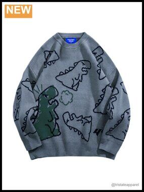 Oversized Knit Dinosaur Pullover Sweater Y2K Grunge Crew Neck